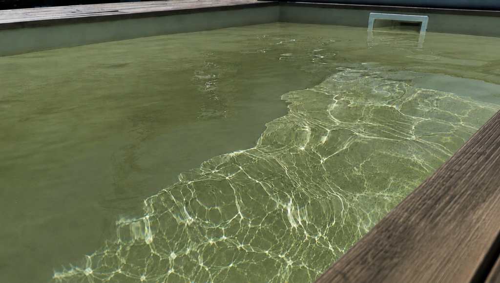Piscine dont l’eau devient verte à cause d’algues ou d’un déséquilibre de l’eau