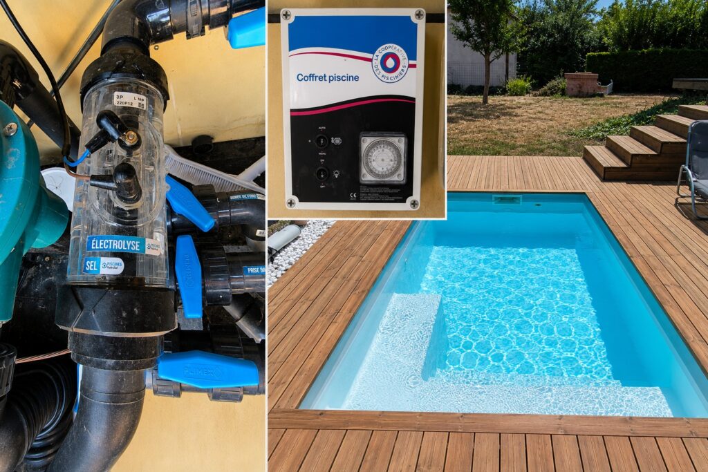 Piscine au sel familiale équipée d'un électrolyseur pour produire le chlore automatiquement