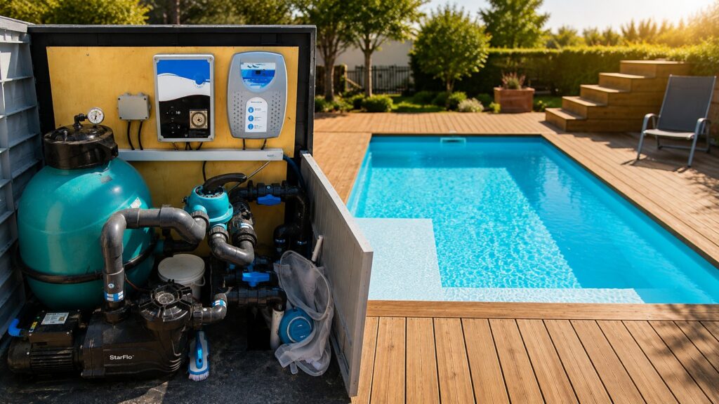 Piscine familiale en cours de filtration avec eau claire et buses de refoulement en fonctionnement